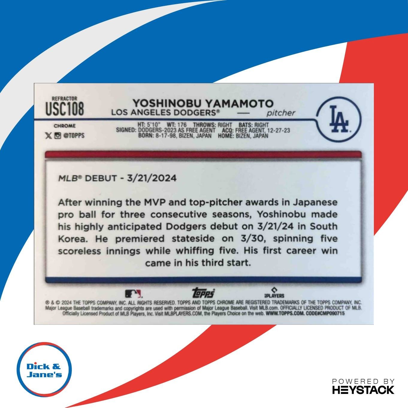 2024 Topps Chrome Update Yoshinobu Yamamoto Refractor #USC108 RC Dodgers - Sports Cards