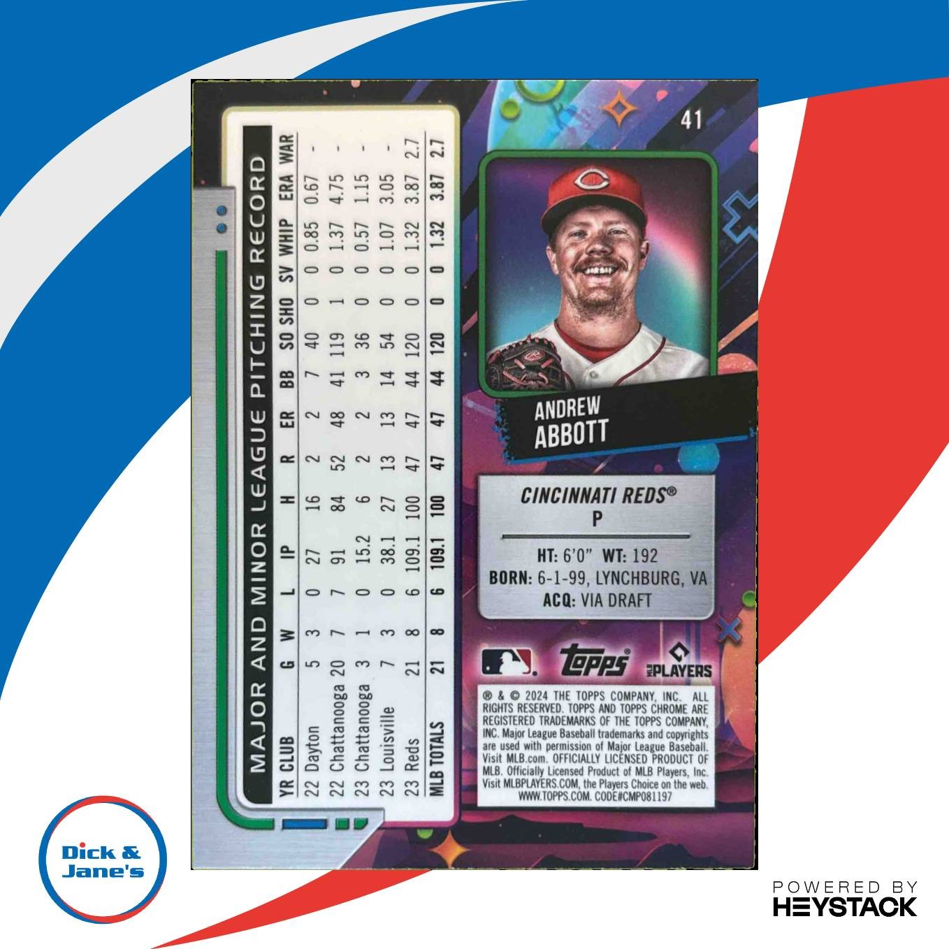 2024 Topps Cosmic Chrome Andrew Abbott Gold Interstellar Fractor /50 #41 RC Reds - Sports Cards