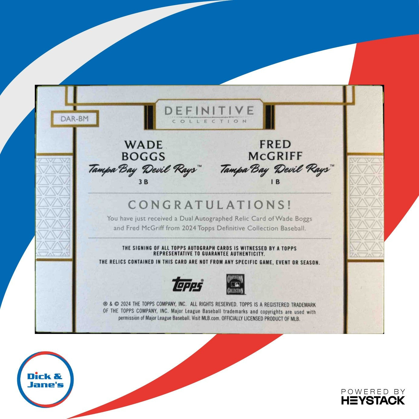 2024 Topps Definitive Collection Wade Boggs / Fred McGriff Dual Auto Relics /35 - Sports Cards