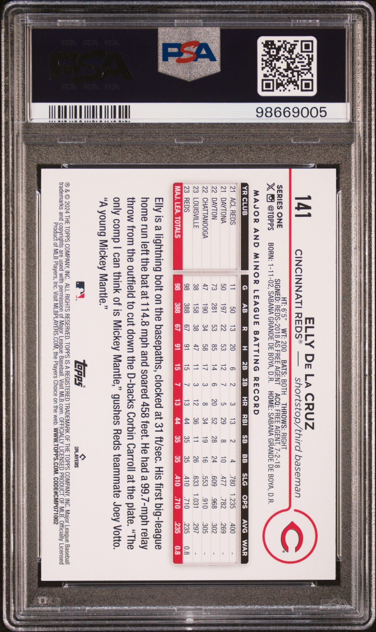 2024 Topps Elly De La Cruz Aqua Rookie #141 PSA 9 MINT Cincinnati Reds - Graded Sports Cards