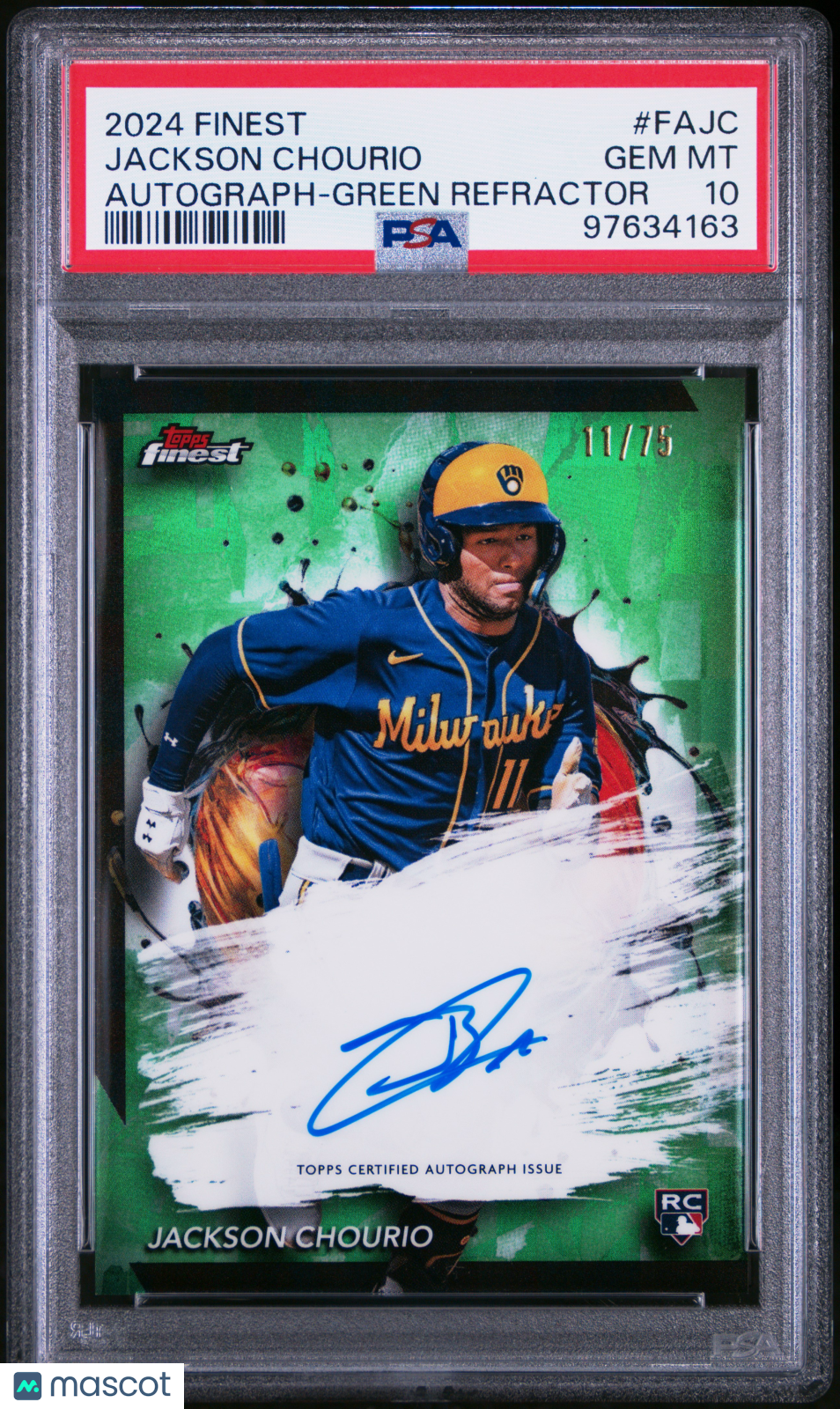 2024 Topps Finest Autographs Jackson Chourio Green Refractor Rookie 11/75 PSA 10 Graded Sports Cards