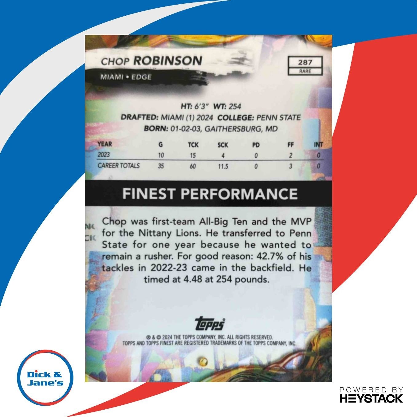 2024 Topps Finest Chop Robinson Blue Refractor /99 #287 Rare RC Miami Dolphins - Sports Cards