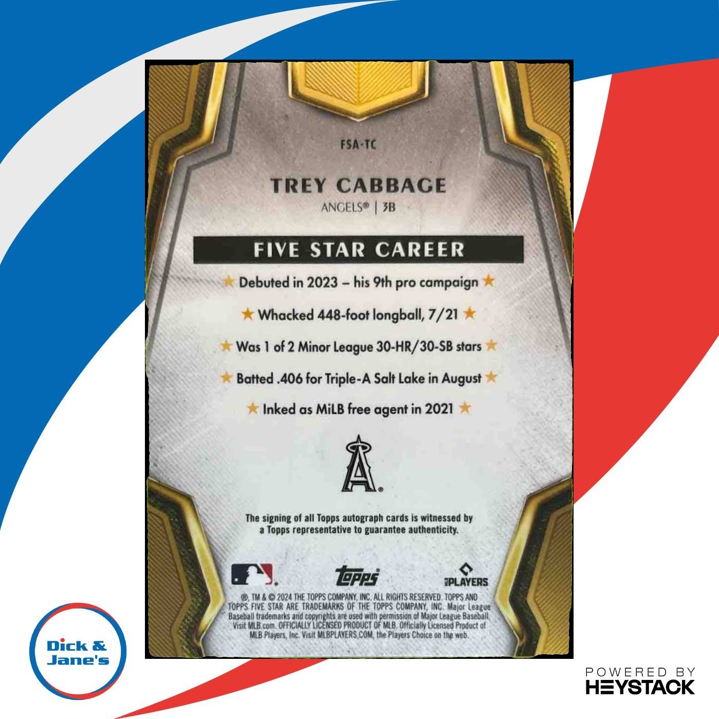 2024 Topps Five Star Trey Cabbage Blue 17/25 #FSA-TC RC Auto Los Angeles Angels - Sports Cards