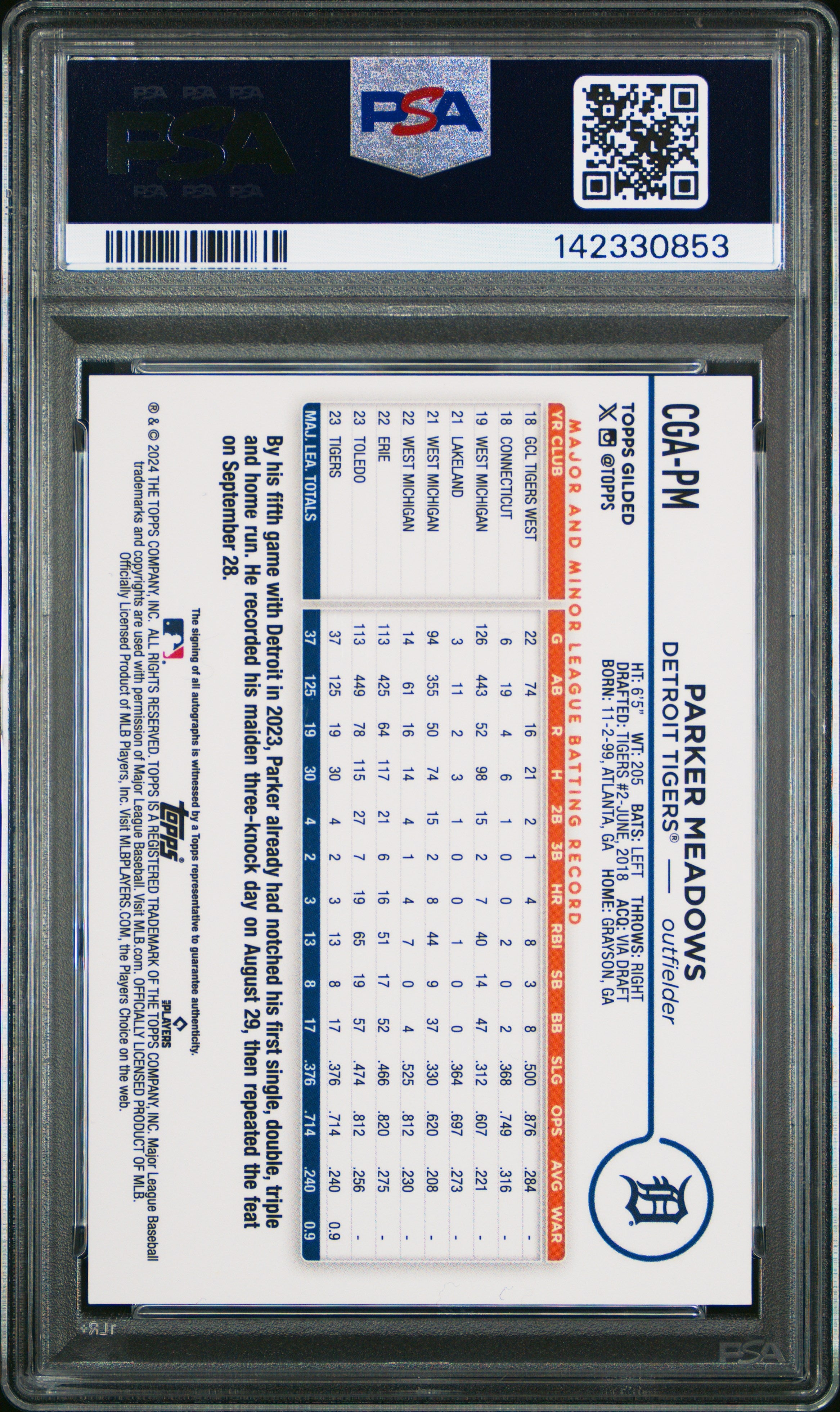 2024 Topps Gilded Collection Topps Chrome Gold Autographs Parker Meadows PSA 9 - Graded Sports Cards