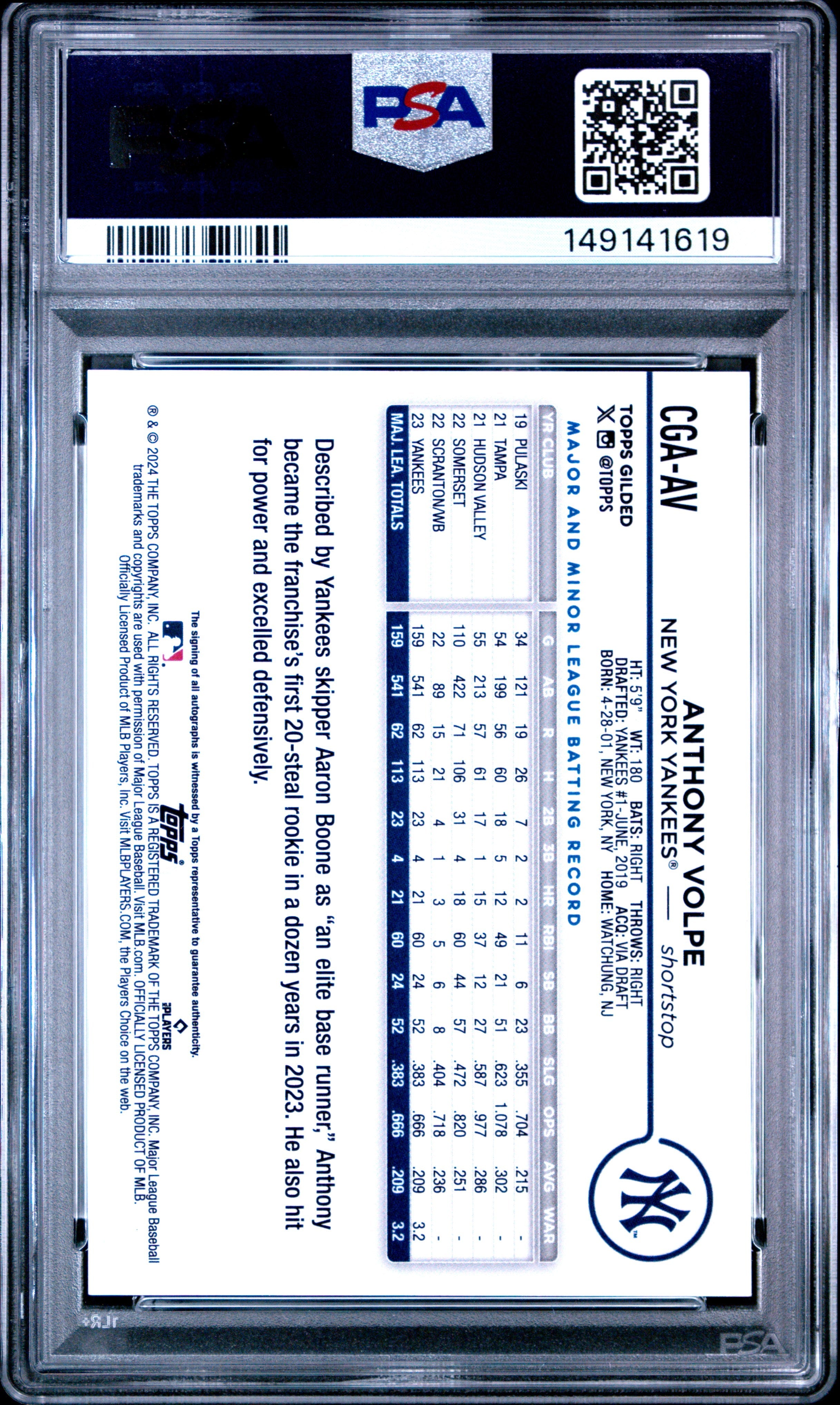 2024 Topps Gilded Collection Gold Auto Anthony Volpe Yellow /75 PSA 10 GEM MINT - Graded Sports Cards