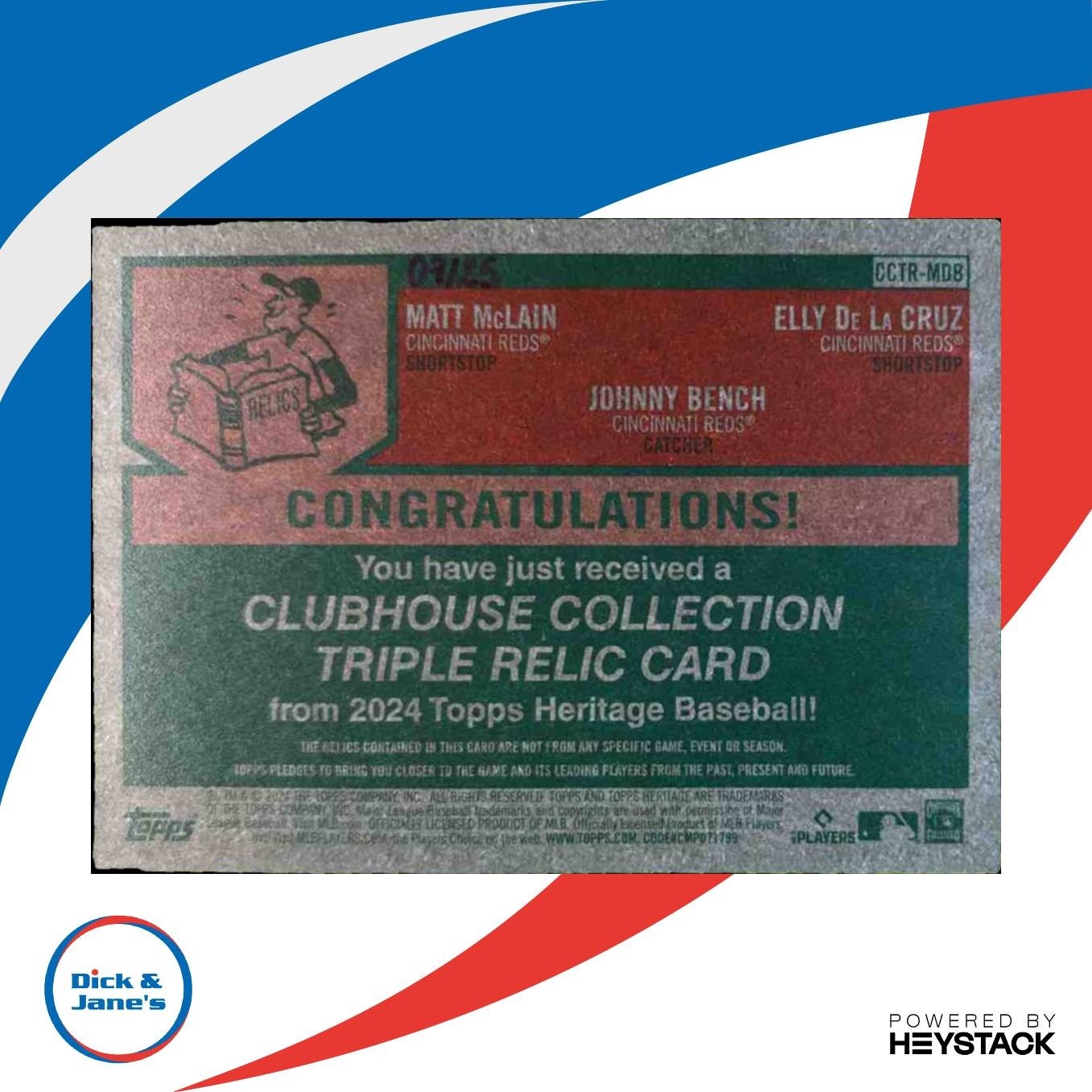 2024 Topps Heritage Elly De La Cruz Matt McLain Johnny Bench Triple Relics /25 - Sports Cards