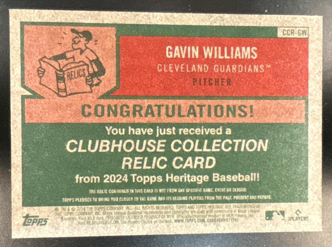 2024 Topps Heritage Gavin Williams Clubhouse Collection Relics RC Guardians - Sports Cards