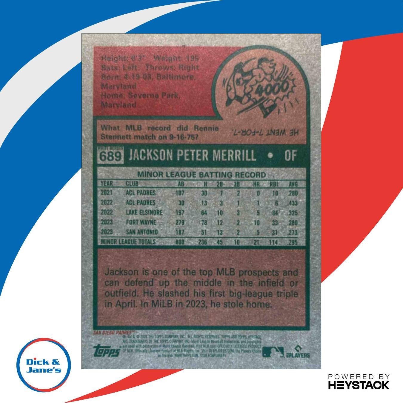 2024 Topps Heritage High Number Jackson Merrill Green Bordered #689 RC Padres - Sports Cards