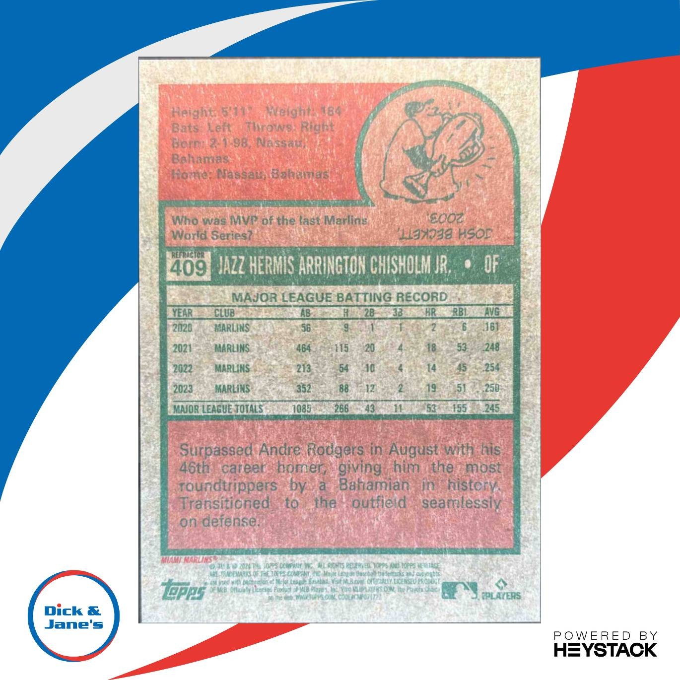 2024 Topps Heritage Jazz Chisholm Jr. Chrome Refractor /575 #409 Miami Marlins - Sports Cards