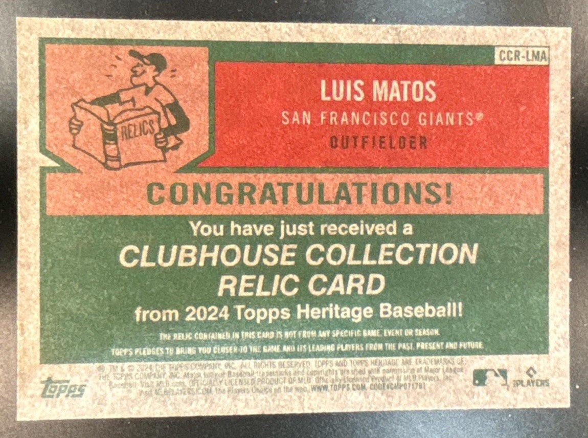 2024 Topps Heritage Luis Matos Clubhouse Collection Relics RC Giants - Sports Cards