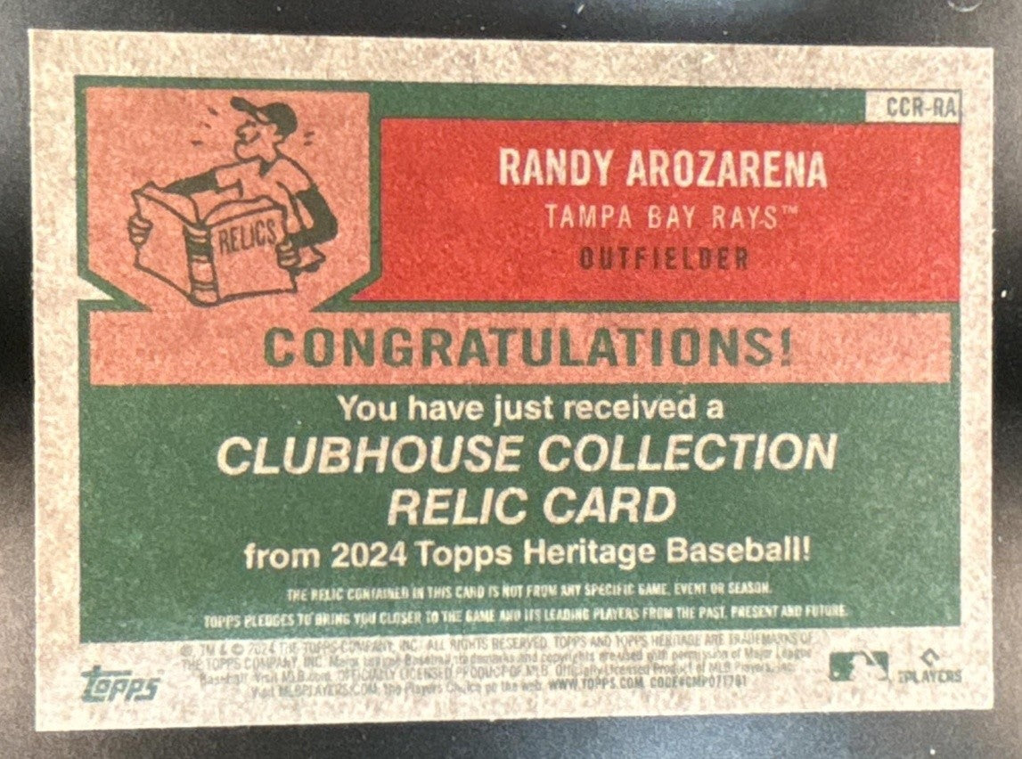 2024 Topps Heritage Randy Arozarena Clubhouse Collection Relics Tampa Bay Rays - Sports Cards
