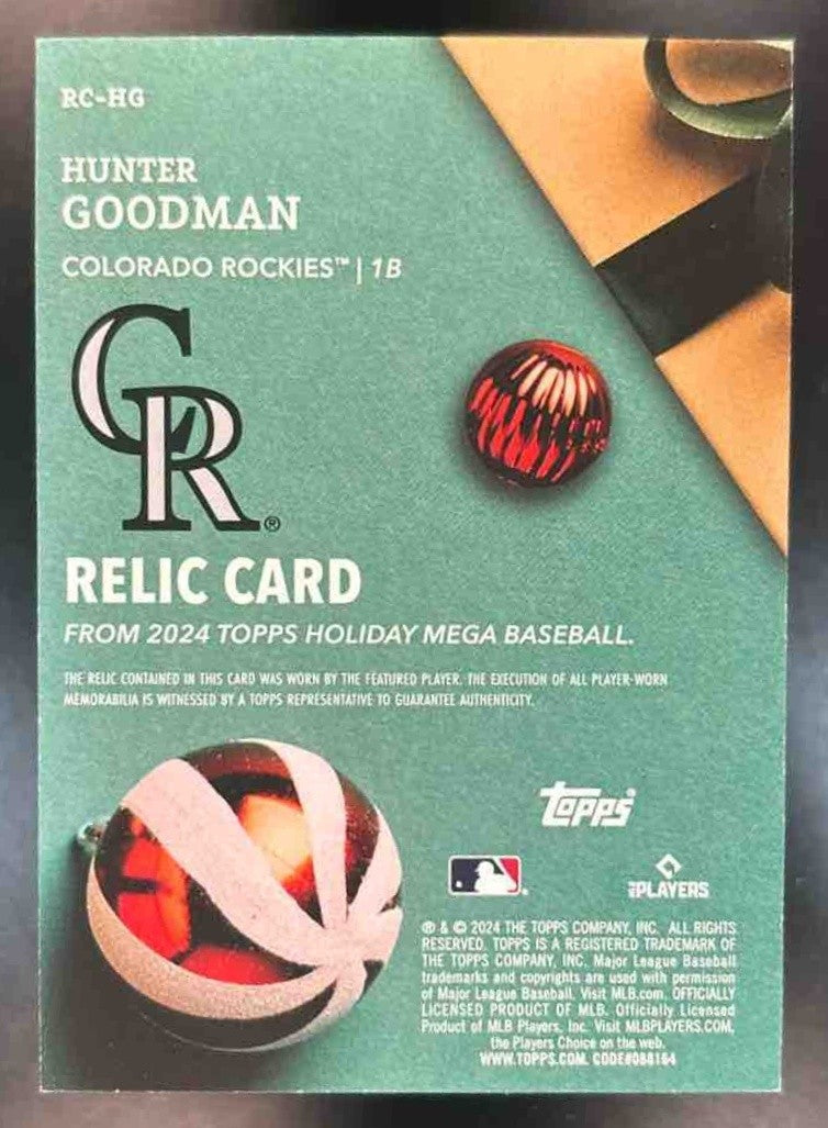 2024 Topps Holiday Hunter Goodman Relics RC Colorado Rockies - Sports Cards