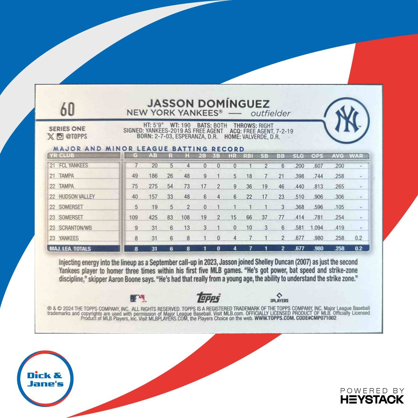 2024 Topps Jasson Dominguez Rainbow Foil #60 RC New York Yankees - Sports Cards