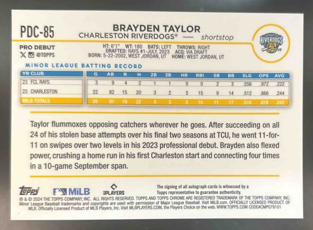 2024 Topps Pro Debut Brayden Taylor Chrome Auto Gold Mini-Diamond /50 #PDC-85 - Sports Cards