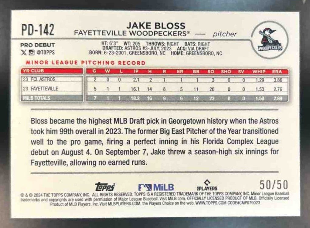 2024 Topps Pro Debut Jake Bloss Gold Foil 50/50 #PD-142 BOOK END - Sports Cards