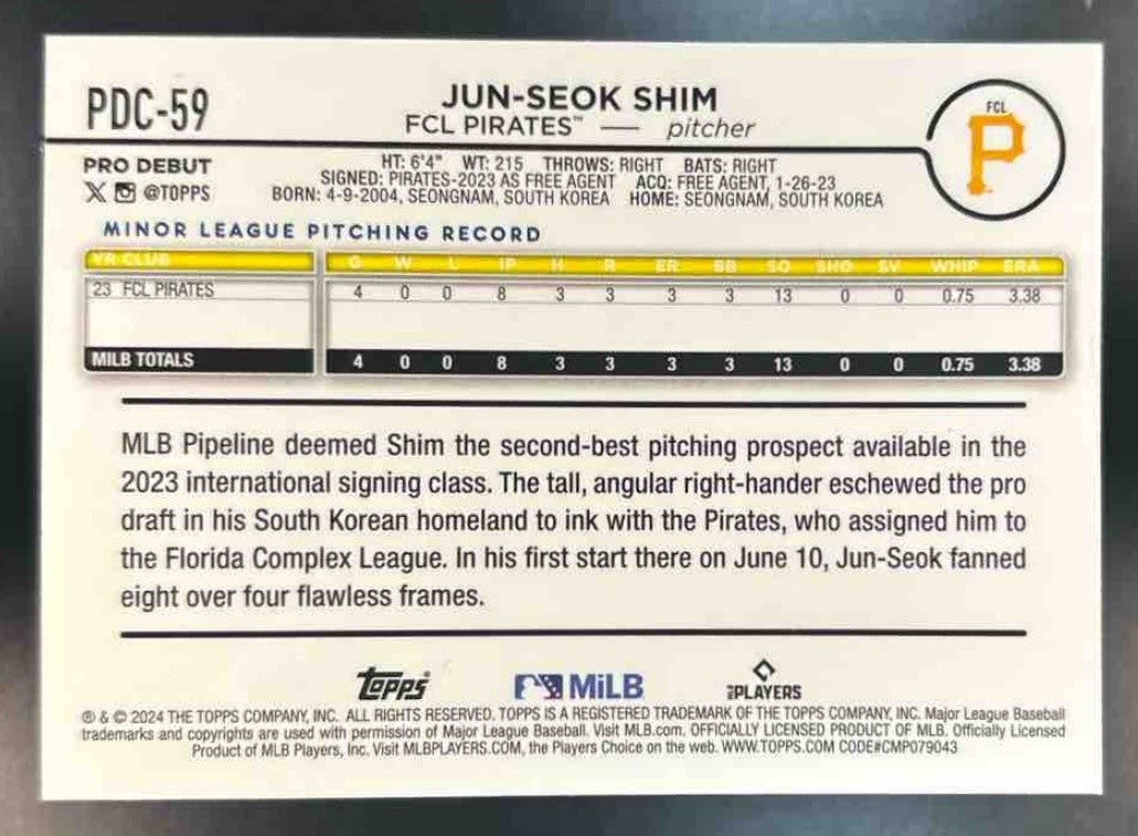 2024 Topps Pro Debut Jun-Seok Shim Chrome Aqua /75 #PDC-59 - Sports Cards