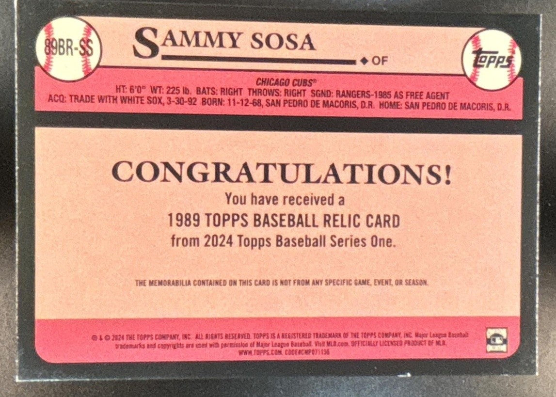 2024 Topps Series 1 Sammy Sosa 1991 Relic Red /25 MEM Chicago Cubs - Sports Cards