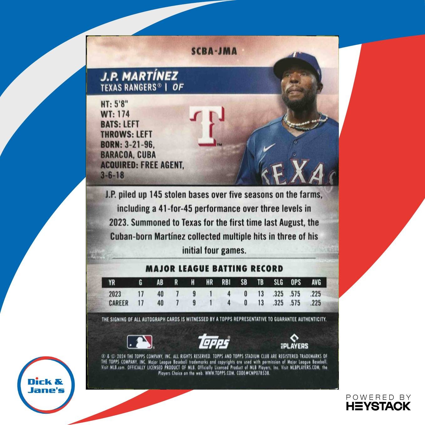 2024 Topps Stadium Club J.P. Martinez Auto #SCBA-JMA RC Texas Rangers - Sports Cards