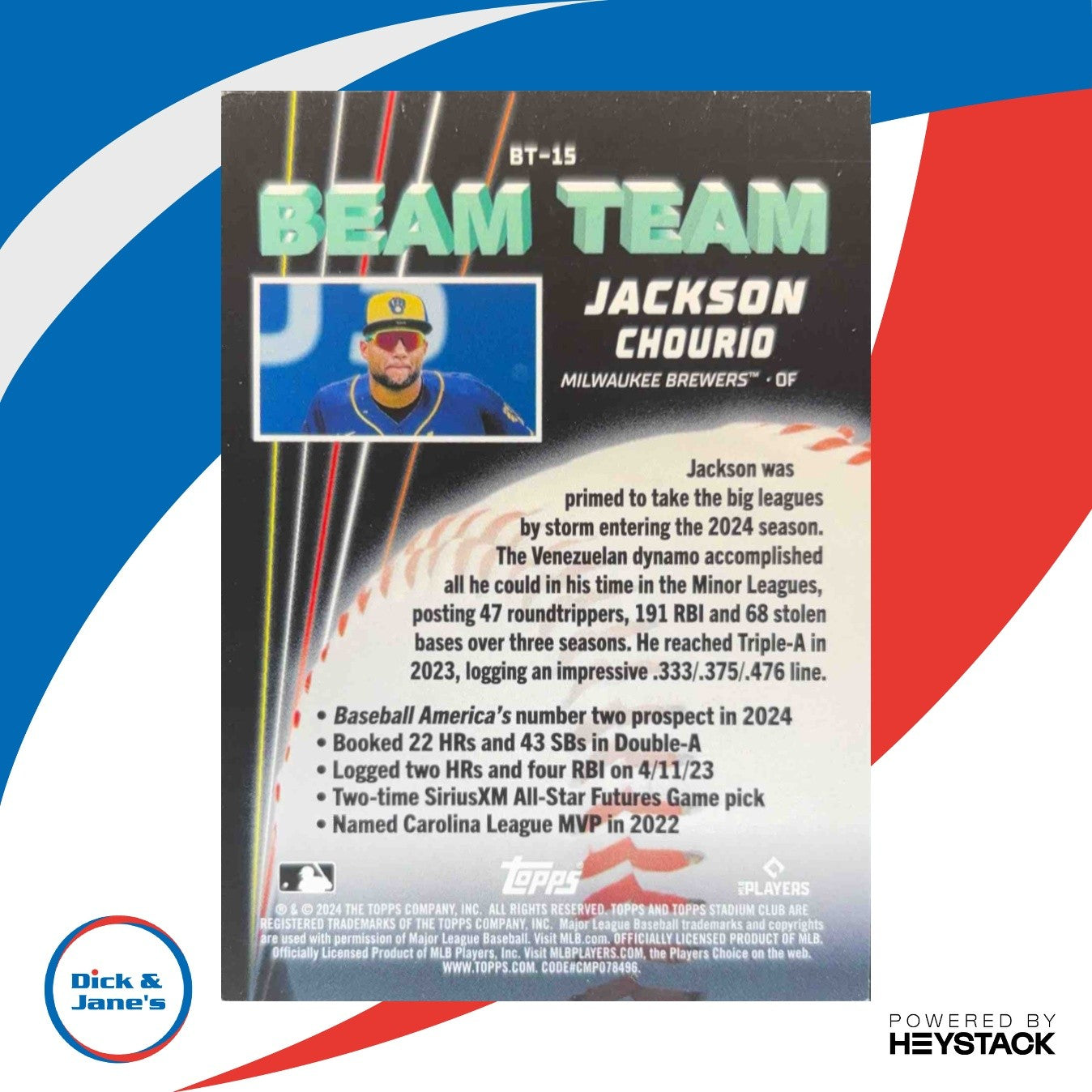 2024 Topps Stadium Club Jackson Chourio Beam Team #BT-15 RC Milwaukee Brewers - Sports Cards