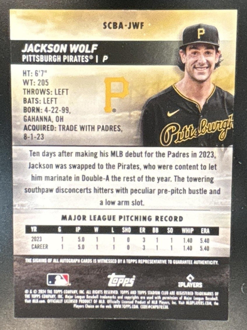 2024 Topps Stadium Club Jackson Wolf Auto #SCBA-JWF RC Pittsburgh Pirates - Sports Cards