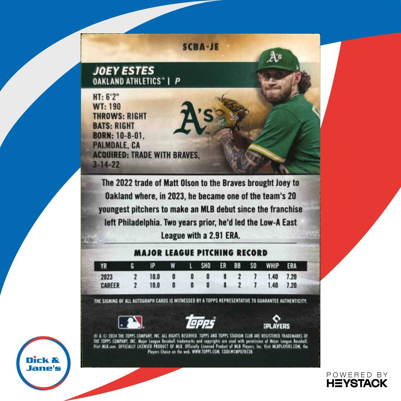 2024 Topps Stadium Club Joey Estes Auto #SCBA-JE RC Oakland Athletics - Sports Cards