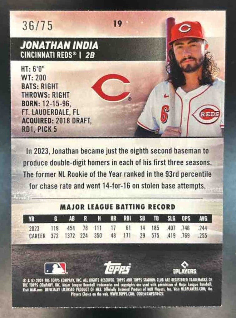 2024 Topps Stadium Club Jonathan India Purple Foil /75 #19 Cincinnati Reds - Sports Cards