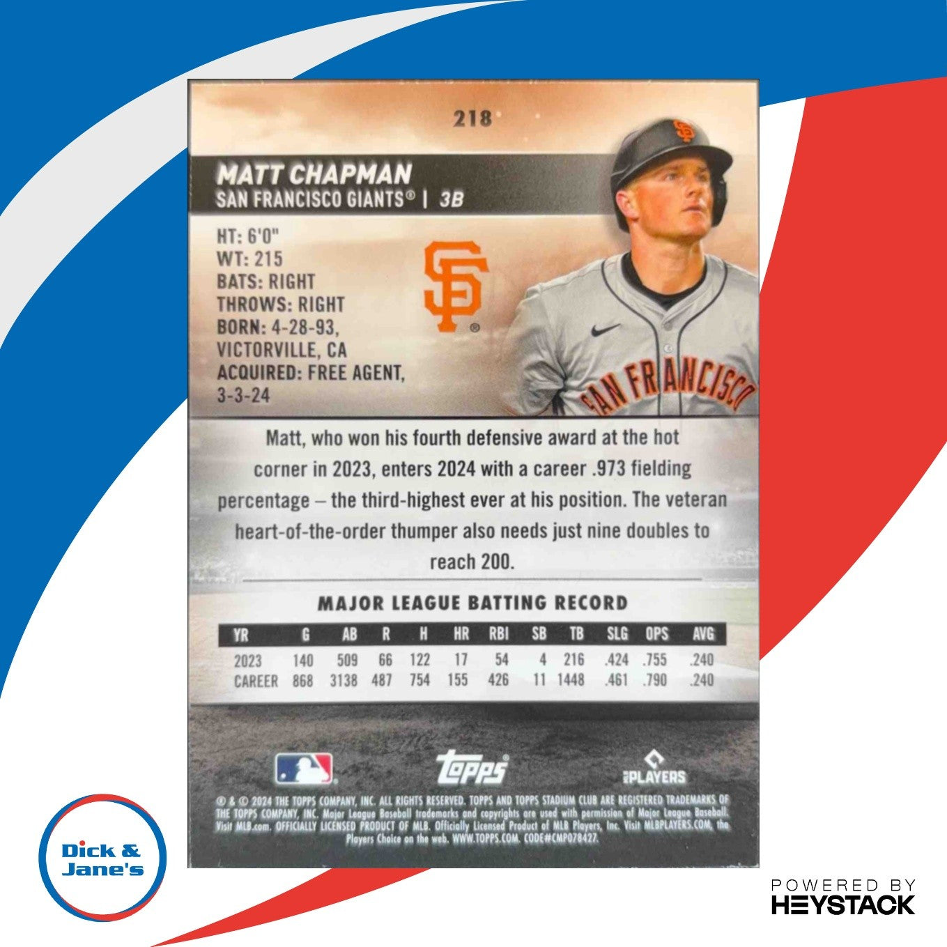 2024 Topps Stadium Club Matt Chapman Red Foil #218 San Francisco Giants - Sports Cards