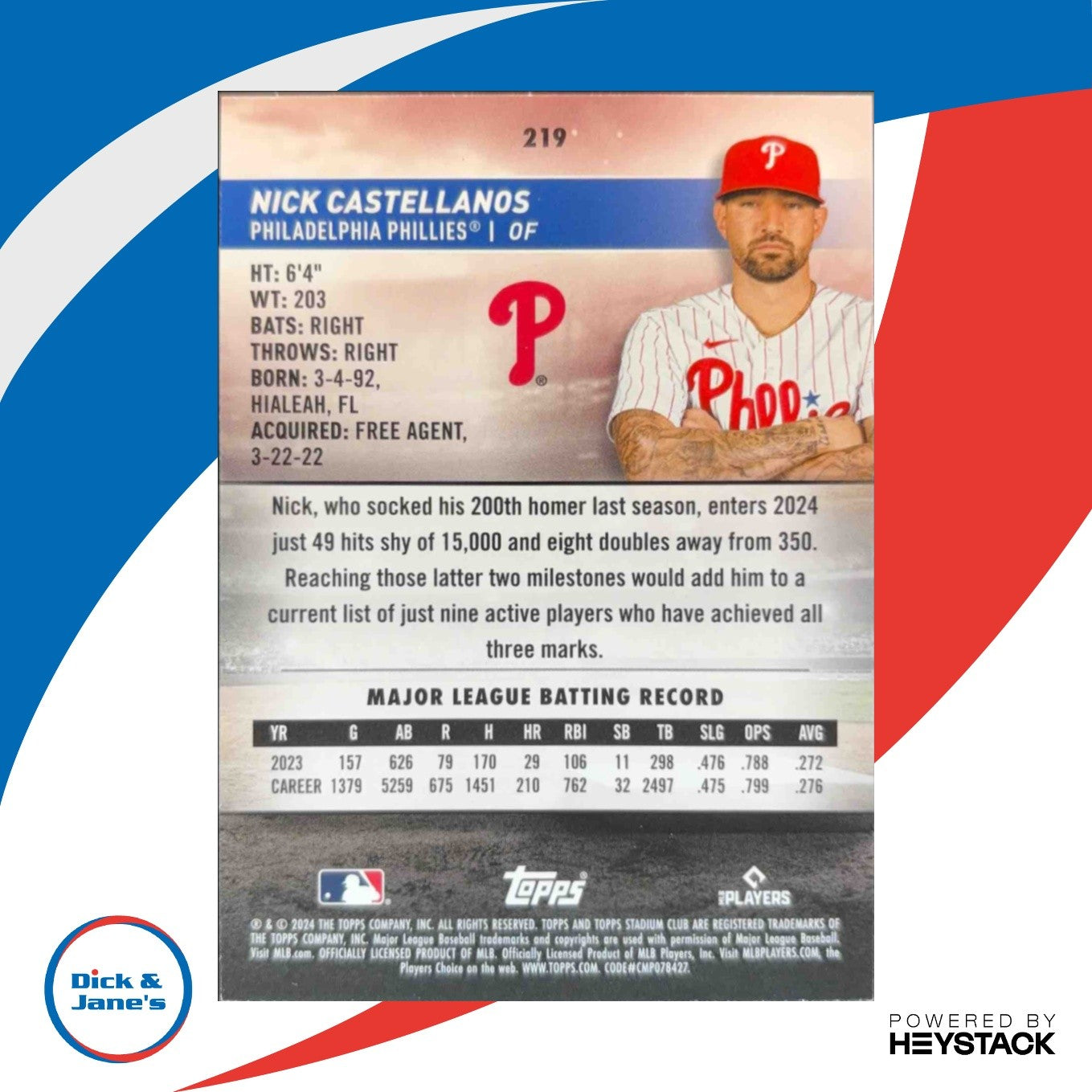 2024 Topps Stadium Club Nick Castellanos Red Foil #219 Philadelphia Phillies - Sports Cards