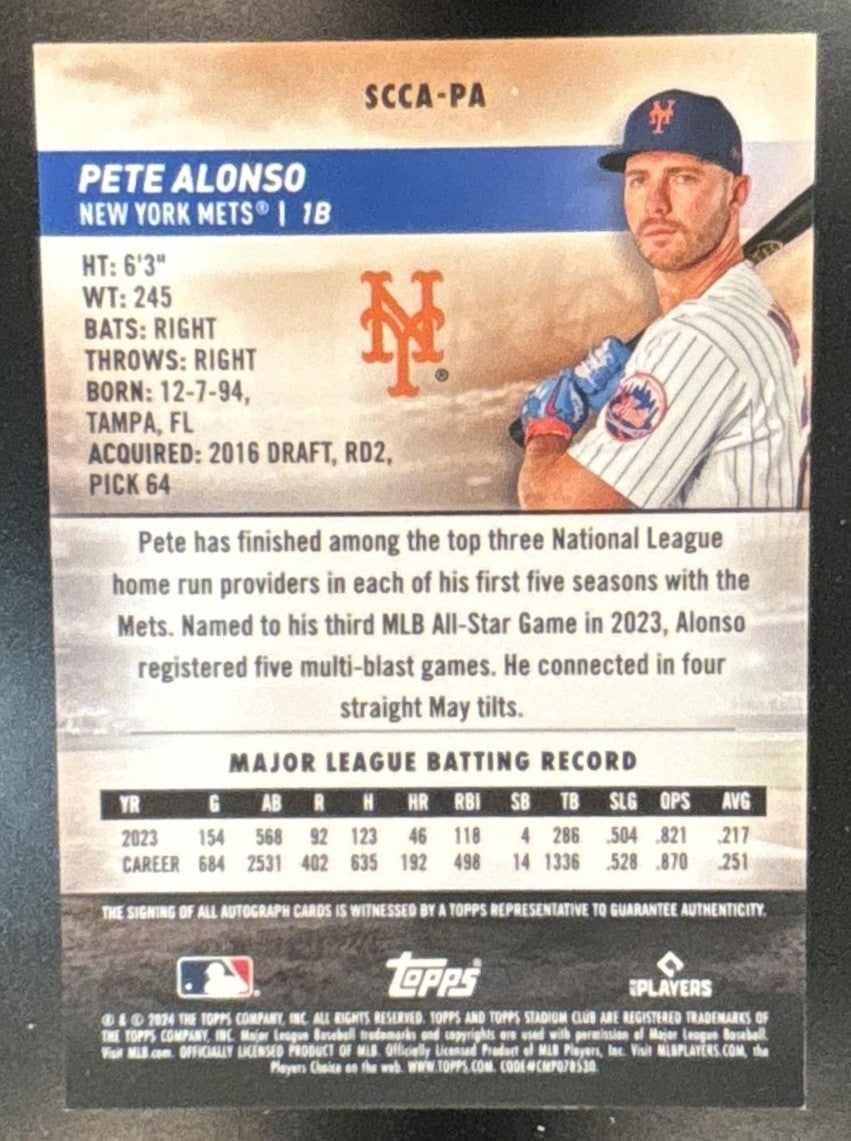 2024 Topps Stadium Club Pete Alonso Chrome Auto Red Refractor 1/25 Mets - Sports Cards
