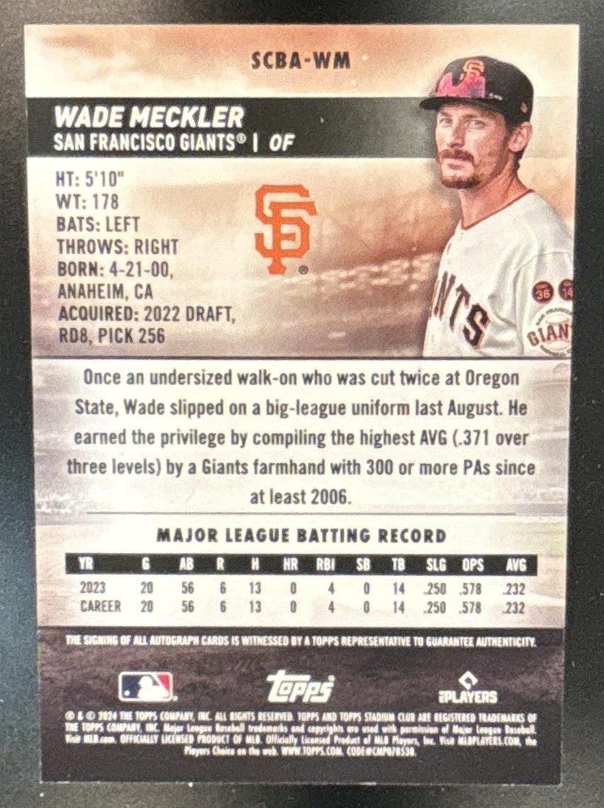 2024 Topps Stadium Club Wade Meckler Auto #SCBA-WM RC San Francisco Giants - Sports Cards
