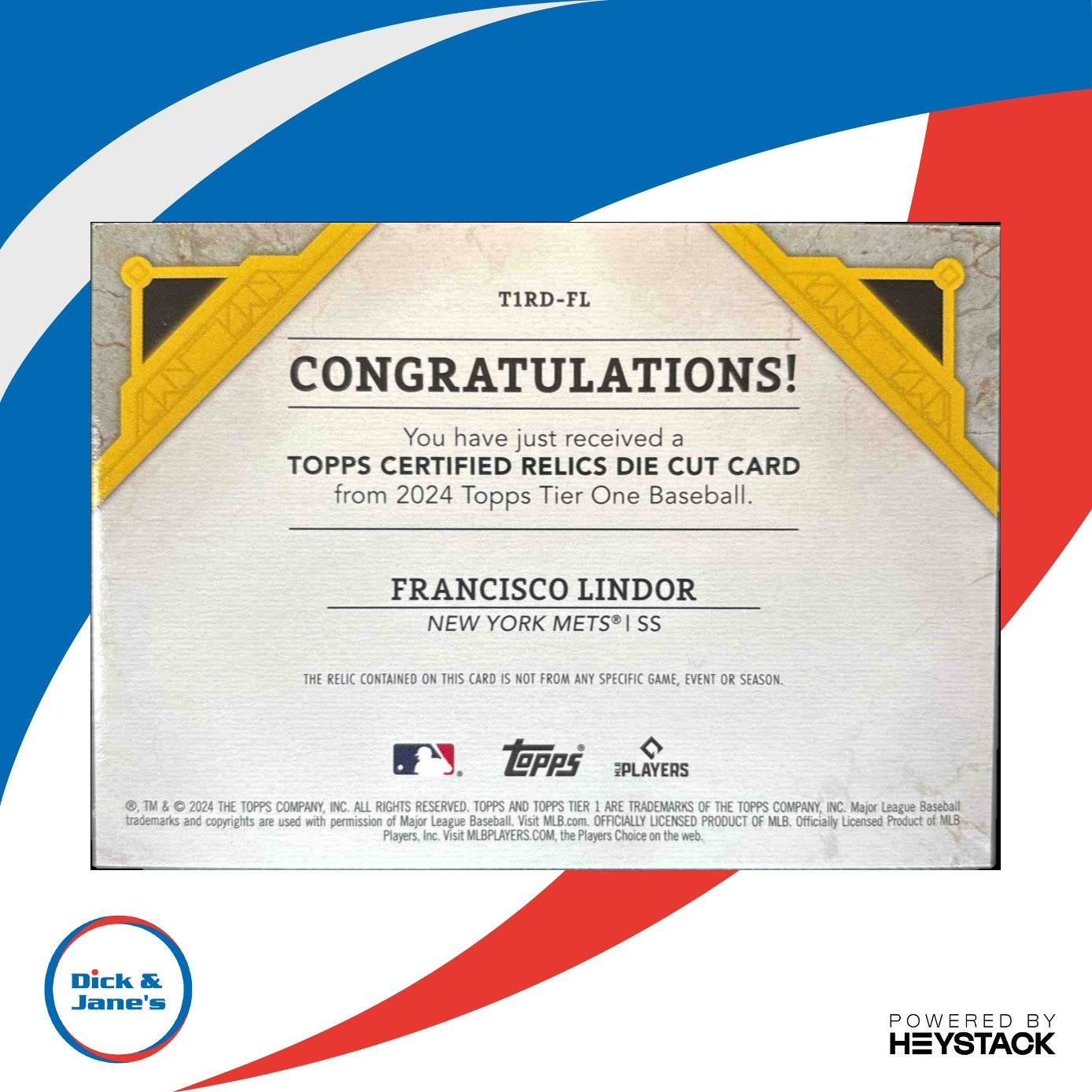 2024 Topps Tier One Francisco Lindor Relics Die Cut 164/199 MEM New York Mets - Sports Cards
