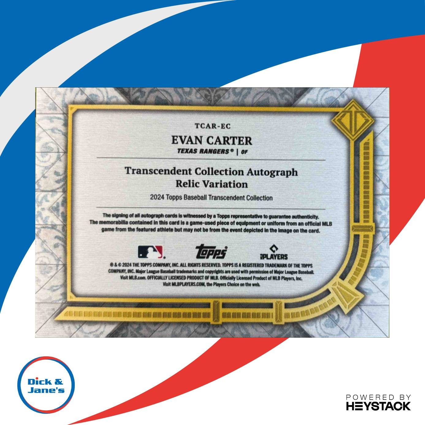 2024 Topps Transcendent Collection Evan Carter Auto Relics /25 RC Texas Rangers - Sports Cards