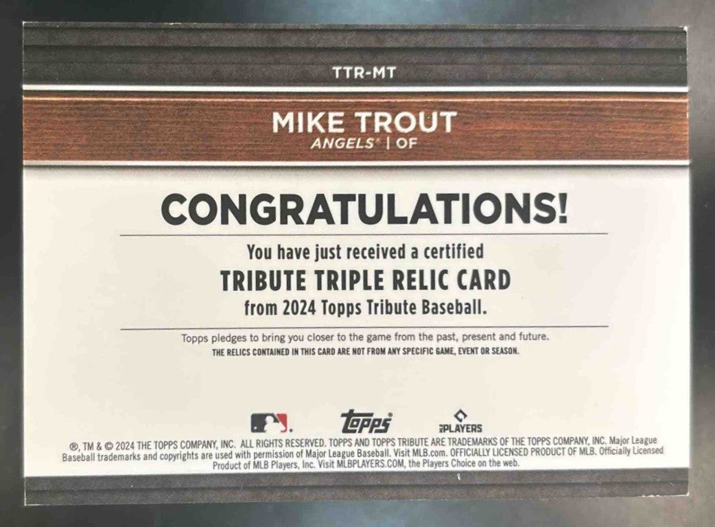 2024 Topps Tribute Mike Trout Triple Relics Purple /50 Los Angeles Angels - Sports Cards