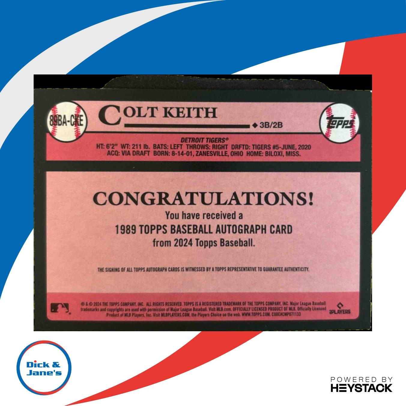 2024 Topps Update Colt Keith 1989 Baseball Auto #89BA-CKE RC Detroit Tigers - Sports Cards