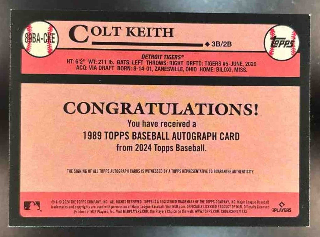 2024 Topps Update Colt Keith 1989 Baseball Auto #89BA-CKE RC Detroit Tigers - Sports Cards