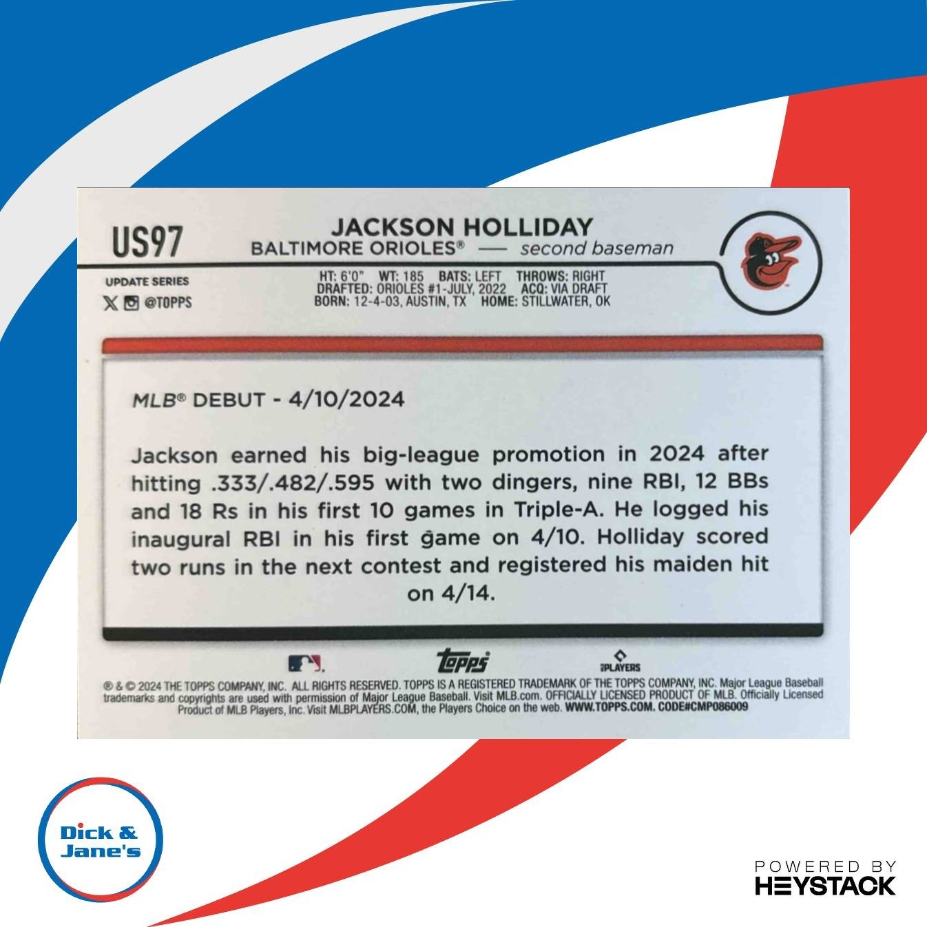 2024 Topps Update Jackson Holliday #US97 RC Baltimore Orioles - Sports Cards