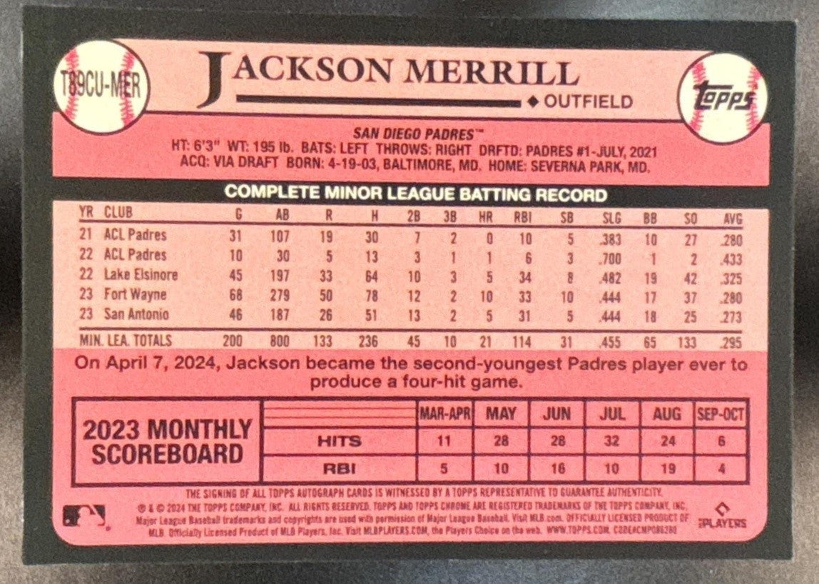 2024 Topps Update Jackson Merrill 1989 Chrome Silver Pack Auto /199 RC Padres - Sports Cards