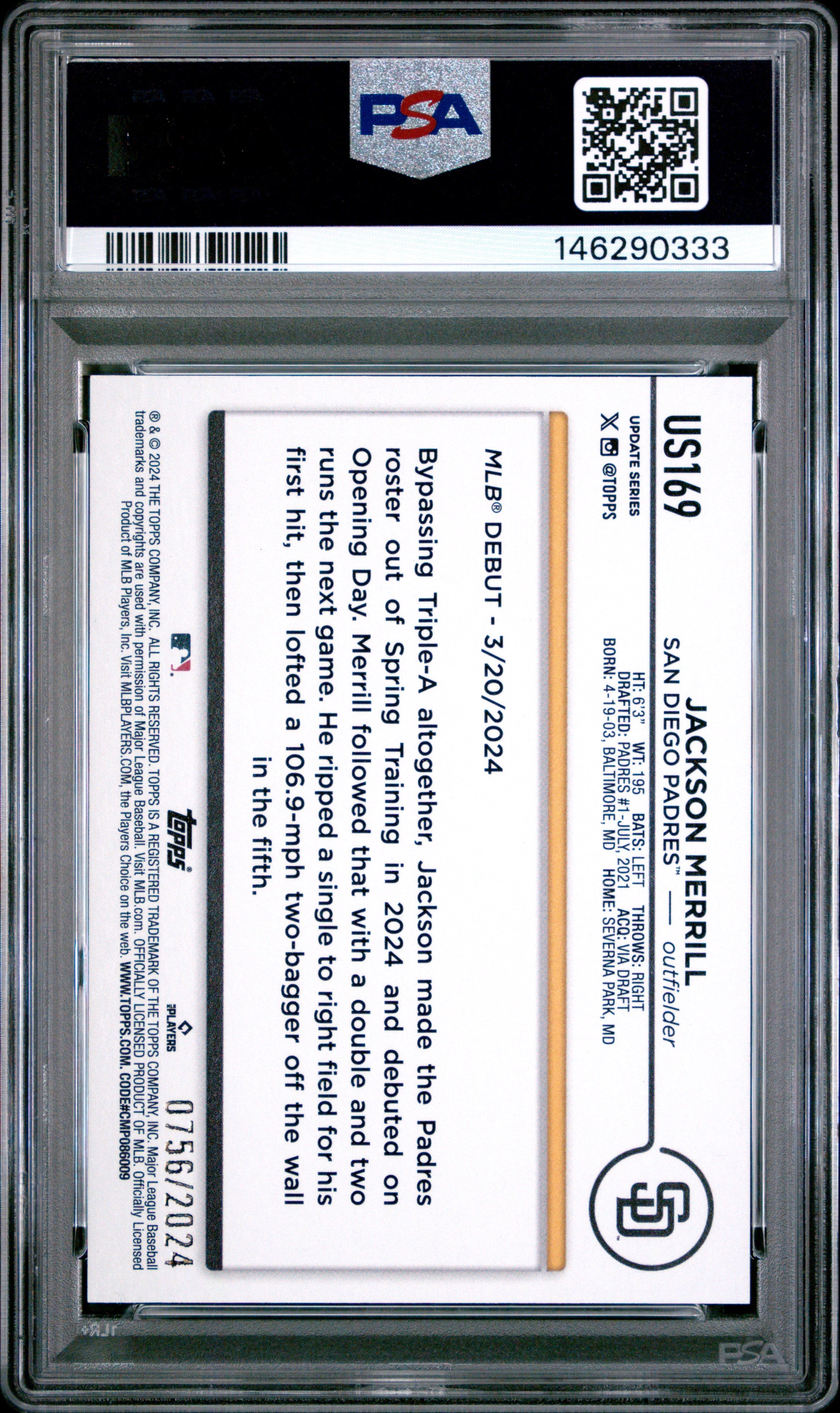 2024 Topps Update Jackson Merrill Gold Rookie #US169 PSA 10 GEM MINT - Graded Sports Cards