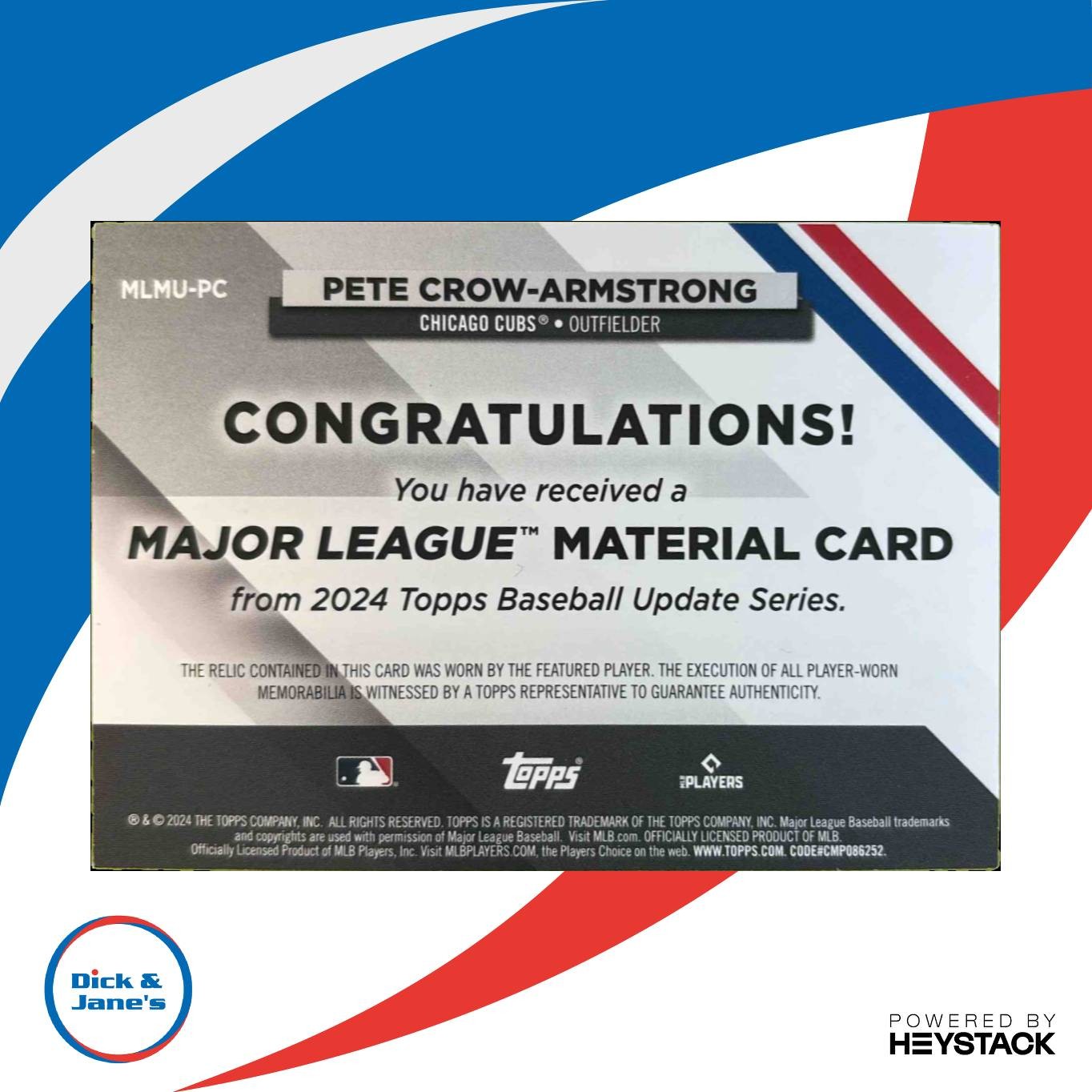 2024 Topps Update Pete Crow-Armstrong Major League Material MEM Chicago Cubs - Sports Cards