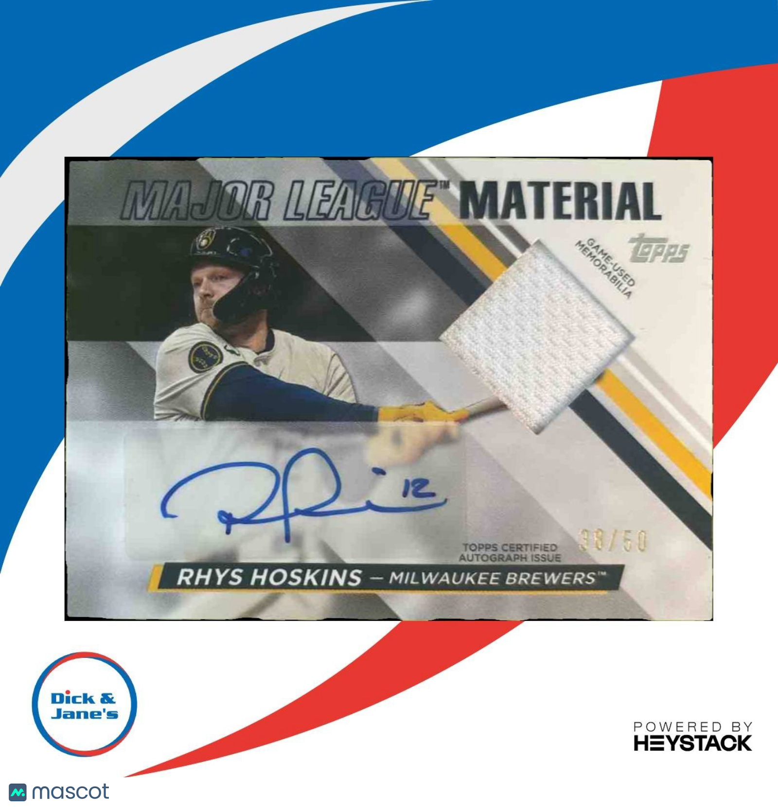 2024 Topps Update Rhys Hoskins Major League Material Auto /50 Milwaukee Brewers - Sports Cards