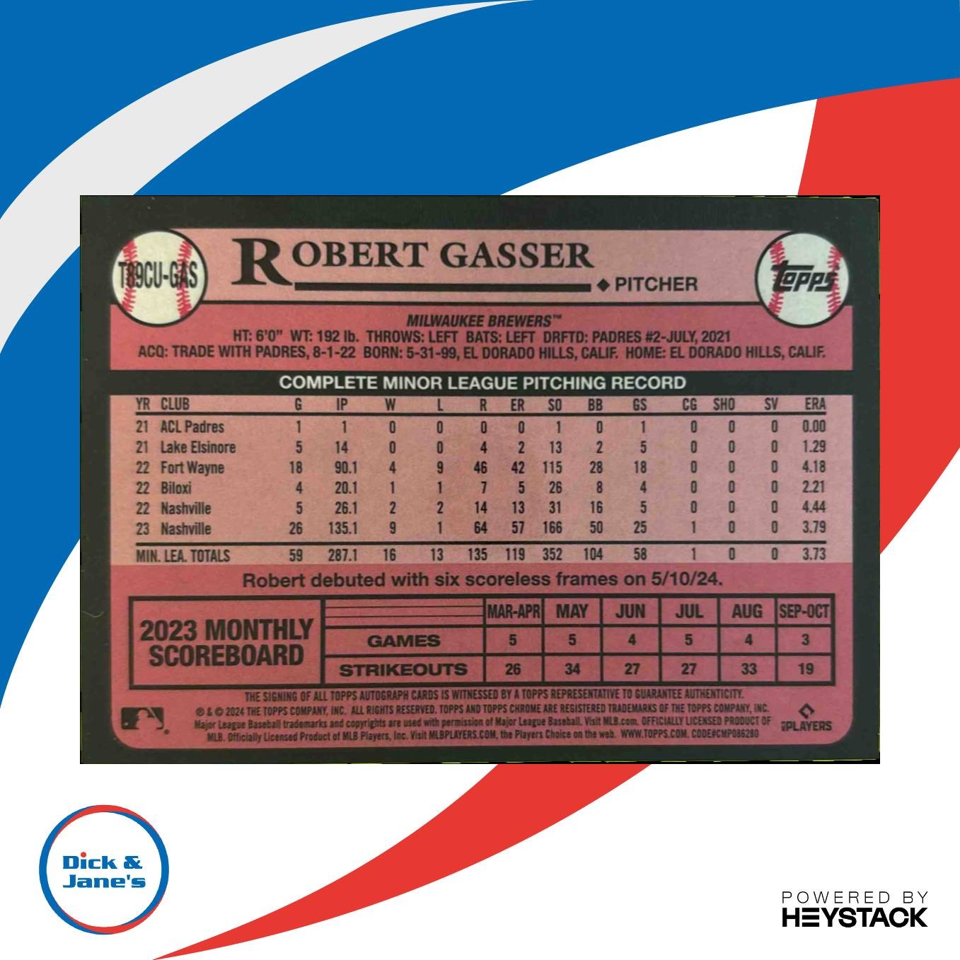 2024 Topps Update Robert Gasser 1989 Chrome Silver Pack Auto 161/199 RC Brewers - Sports Cards
