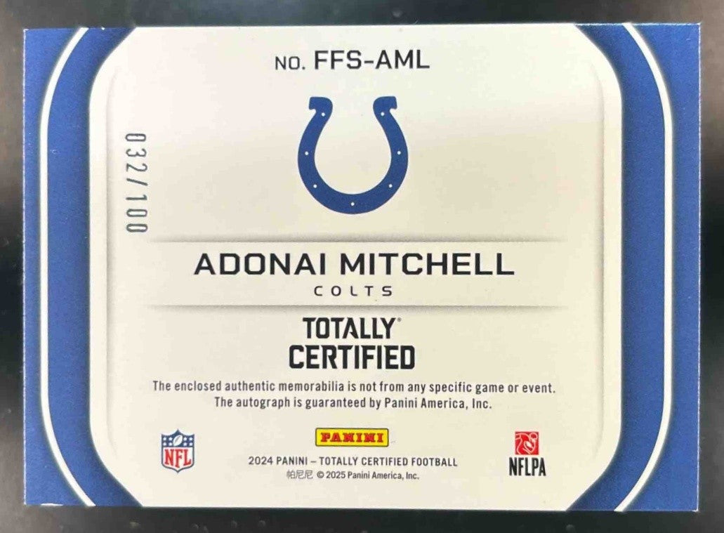 2024 Totally Certified Adonai Mitchell Freshman Fabric Patch Auto /100 MEM RC - Sports Cards