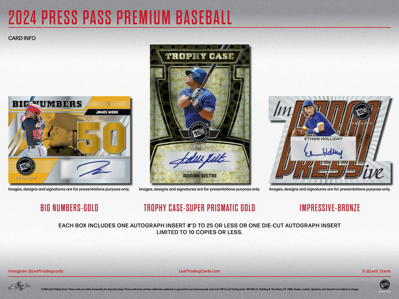 2024 Leaf Press Pass Premium Baseball Hobby Box (5 Autos) ELy, Ichiro, Pujols, Skenes, More!