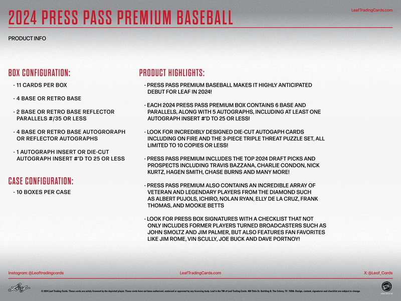 2024 Leaf Press Pass Premium Baseball Hobby Box (5 Autos) ELy, Ichiro, Pujols, Skenes, More!