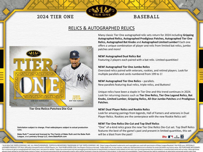 2024 Topps Tier One Baseball Hobby Box (Loaded 2 Auto / 1 Mem)