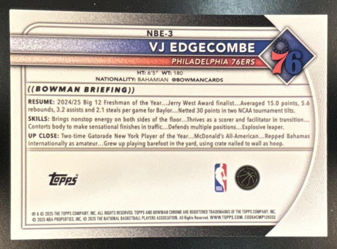 2025-2026 Bowman VJ Edgecombe Chrome Etched In Glass Variation SP RC 76ers - Sports Cards