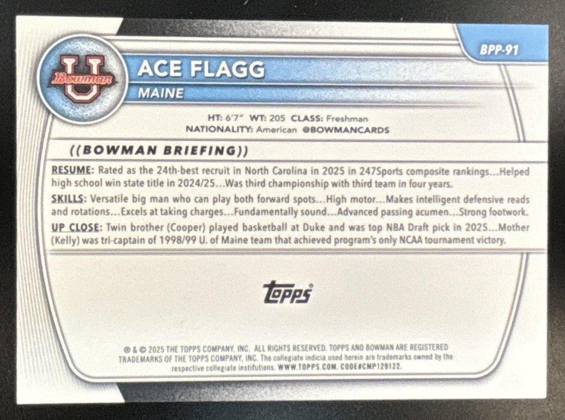 2025-26 Bowman Ace Flagg Purple Border /199 #BPP-91 1st Prospect Maine Bears - Sports Cards
