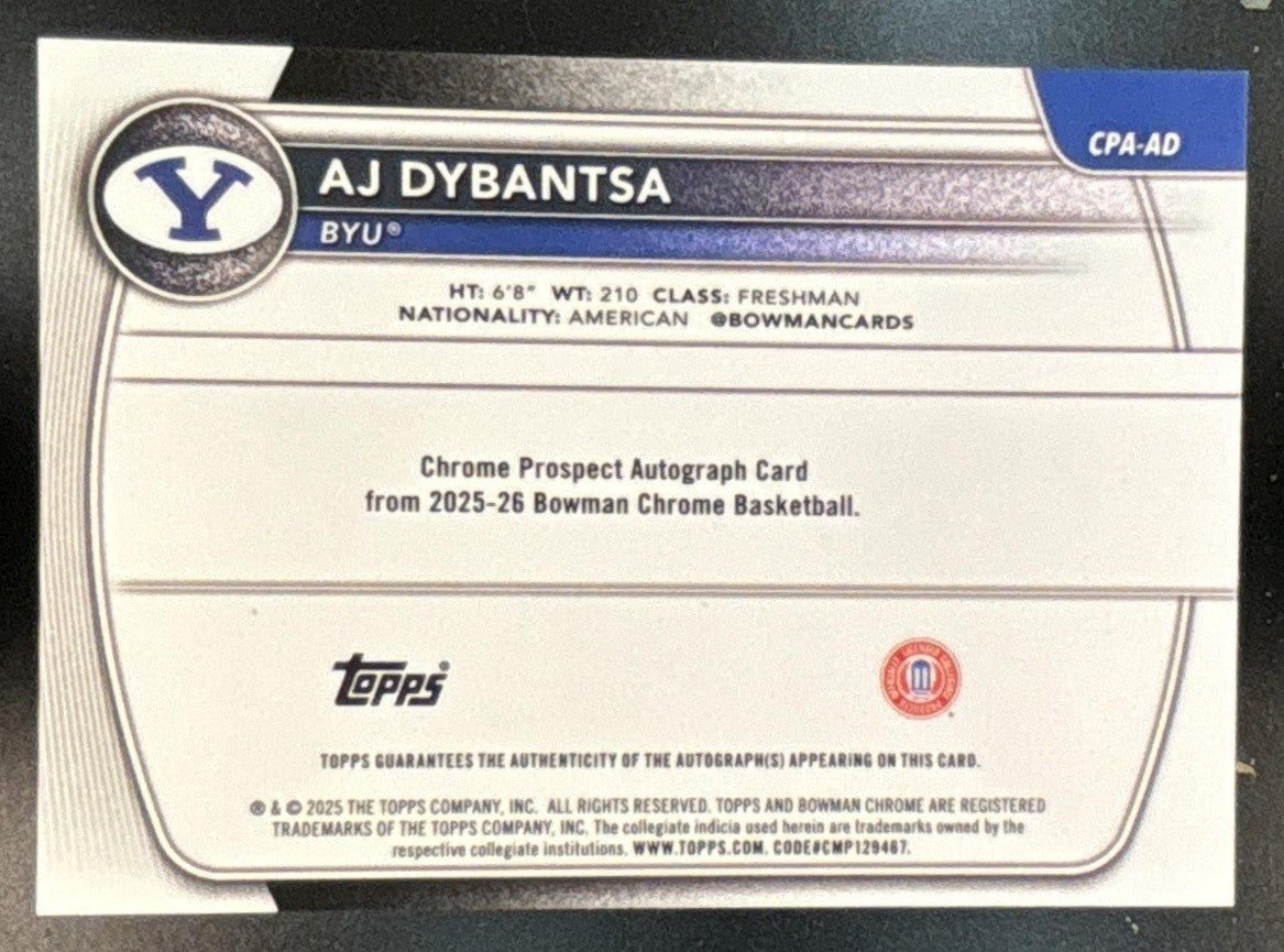 2025-26 Bowman AJ Dybantsa Chrome Auto True Orange Refractor #12/25 1st Prospect - Sports Cards