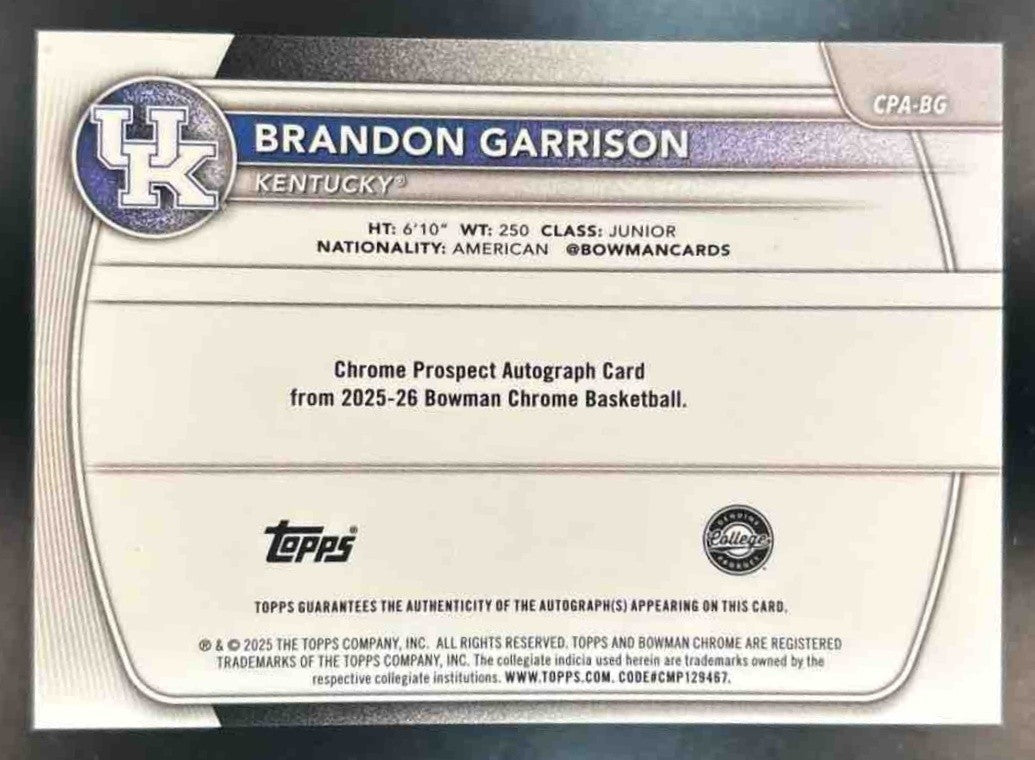 2025-26 Bowman Brandon Garrison Chrome Prospect Auto Mini Diamond /100 Wildcats - Sports Cards