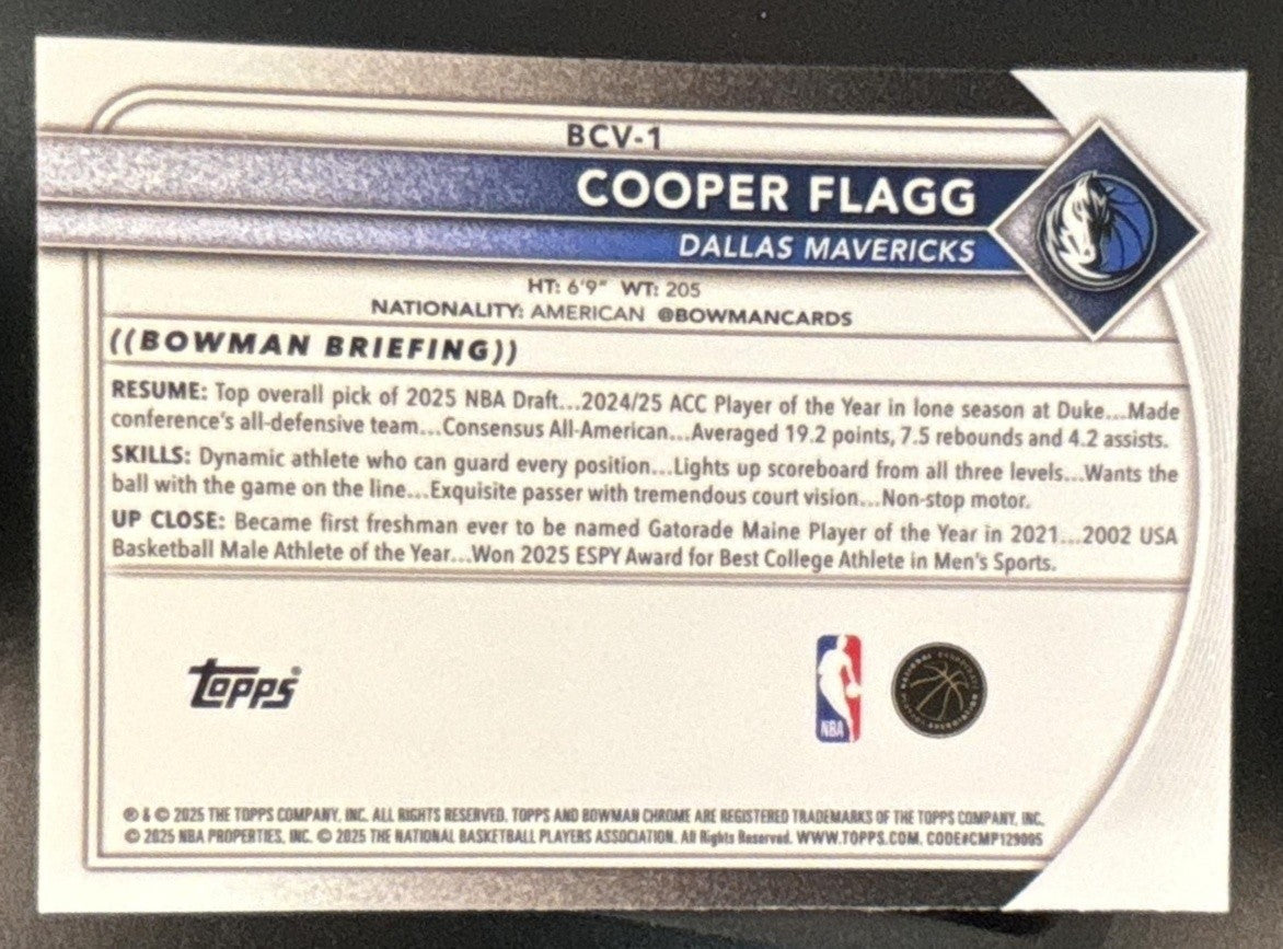 2025-26 Bowman Chrome Cooper Flagg Speckle Refractor /299 RC Dallas Mavericks - Sports Cards
